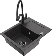 Mexen Enzo granitinė vienos kameros plautuvė su nutekėjimu ir Duo virtuvės maišytuvu, juoda su taškeliais