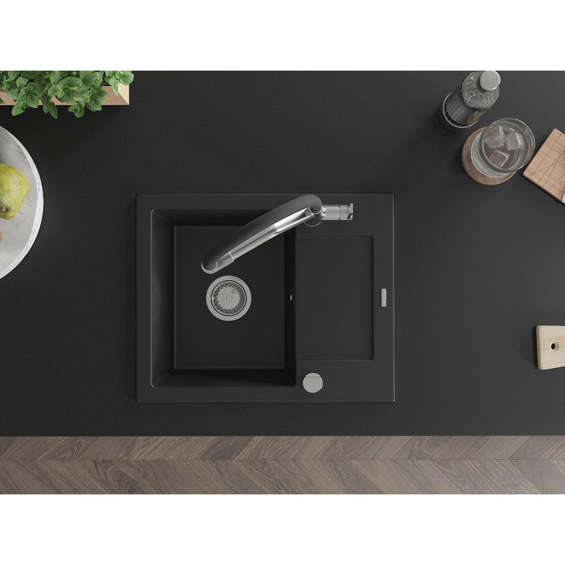Mexen Enzo granito plautuvė 1 skyrius su nutekėjimu ir virtuviniu maišytuvu Duo, juoda - 6506-77-671701-07