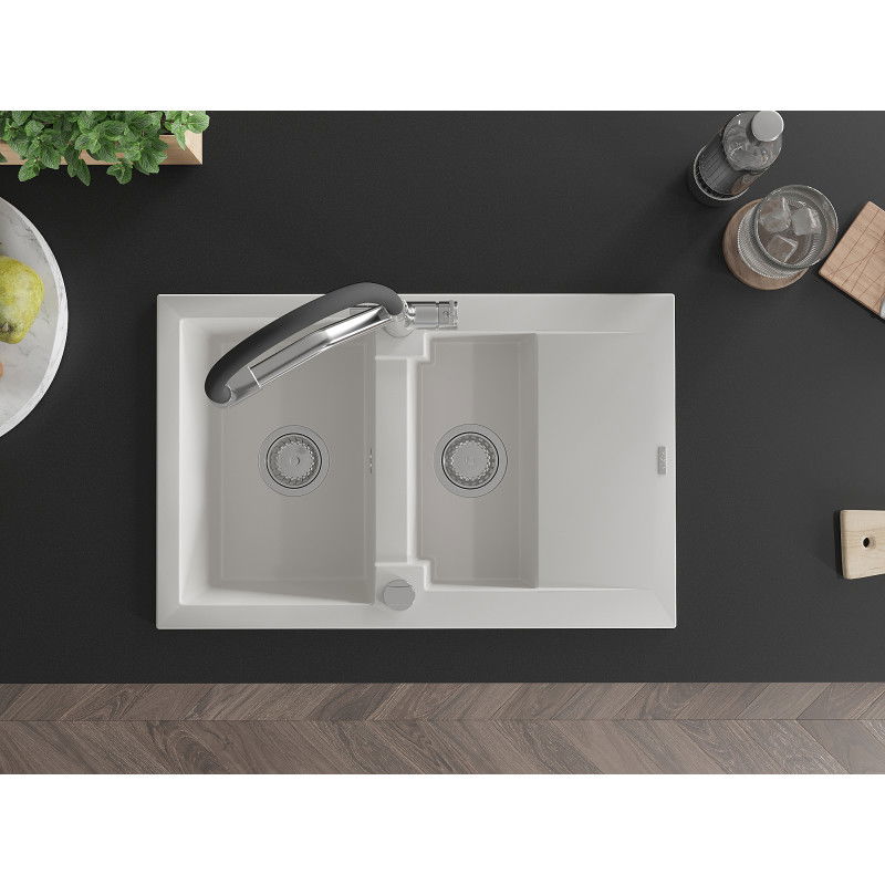 Mexen Gaspar granitinė virtuvės kriauklė 1,5 kamerų su nutekėjimu ir virtuviniu maišytuvu Duo, balta - 6507-20-671701-07