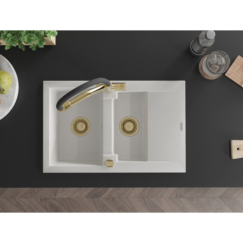 Mexen Gaspar granitinis 1,5 skyrių plautuvė su nuvarvėjimu ir virtuvės maišytuvu Duo, baltas - 6507-20-671701-57-G