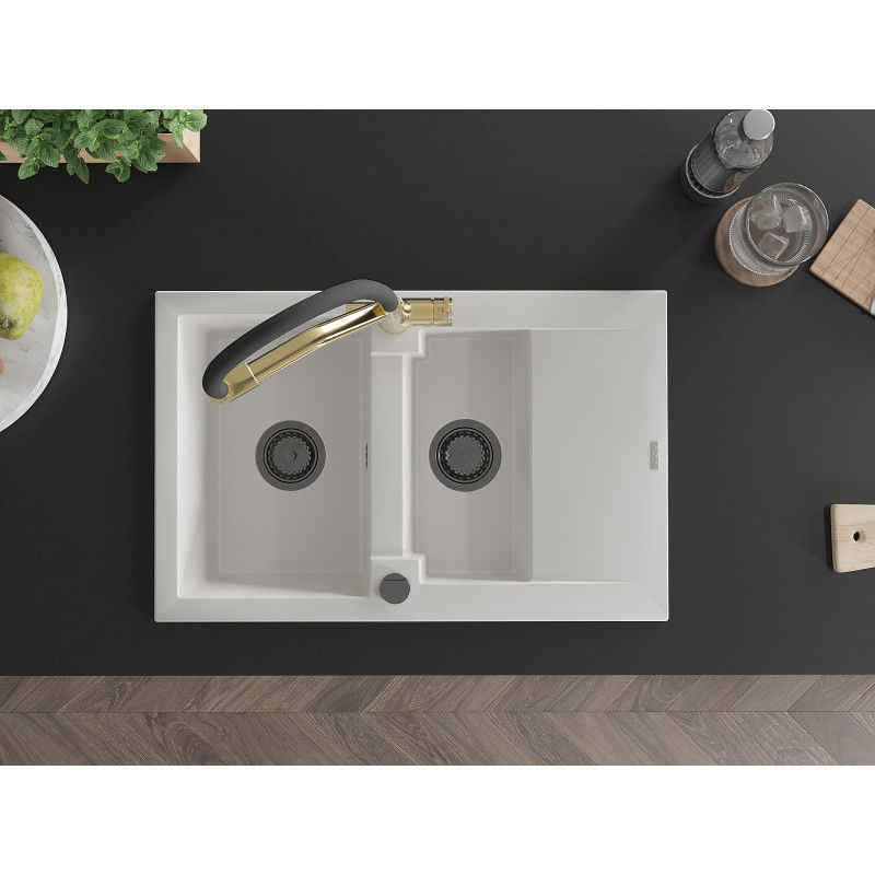 Mexen Gaspar granito plautuvė 1,5 skyrių su nuvarvėjimo vieta ir virtuvės maišytuvu Duo, balta - 6507-20-671701-57-B