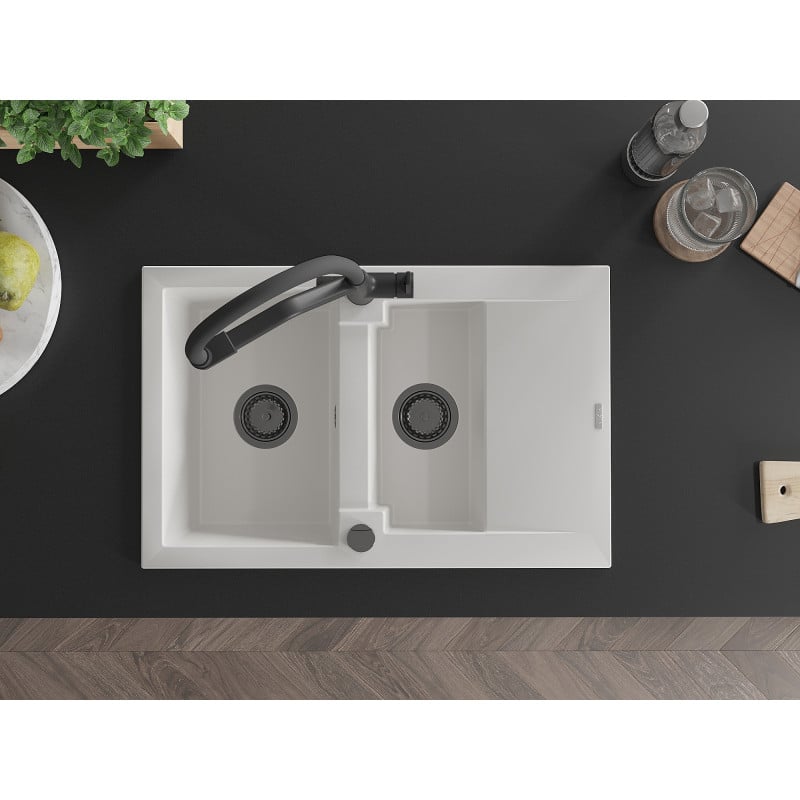 Mexen Gaspar 1,5 sekcijų granito kriauklė su nusausintuvu ir Duo virtuviniu maišytuvu, balta - 6507-20-671701-70-B