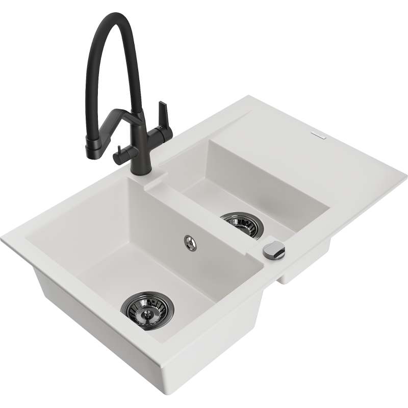 Mexen Gaspar 1,5 sekcijų granito kriauklė su nusausintuvu ir Duo virtuviniu maišytuvu, balta - 6507-20-671701-70-B