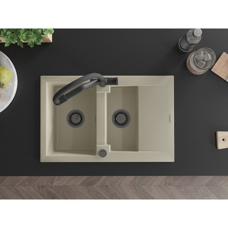 Mexen Gaspar 1,5 kamerų granitinė virtuvės kriauklė su lašintuvu ir Duo virtuvės maišytuvu, smėlio spalvos