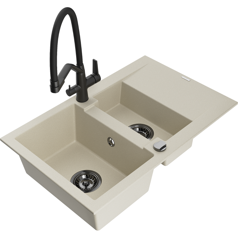 Mexen Gaspar 1,5 kamerų granitinė virtuvės kriauklė su lašintuvu ir Duo virtuvės maišytuvu, smėlio spalvos