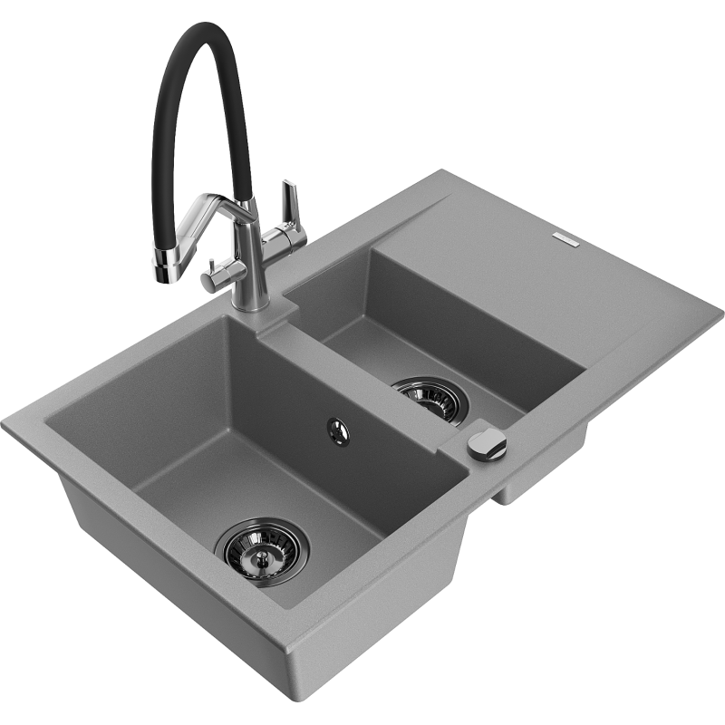 Mexen Gaspar 1,5 kamerų granitinis kriauklas su nuvarvėjimu ir virtuvės maišytuvu Duo, pilkas - 6507-71-671701-07-B