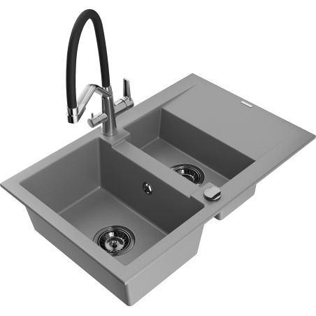 Mexen Gaspar 1,5 kamerų granitinis kriauklas su nuvarvėjimu ir virtuvės maišytuvu Duo, pilkas - 6507-71-671701-07-B