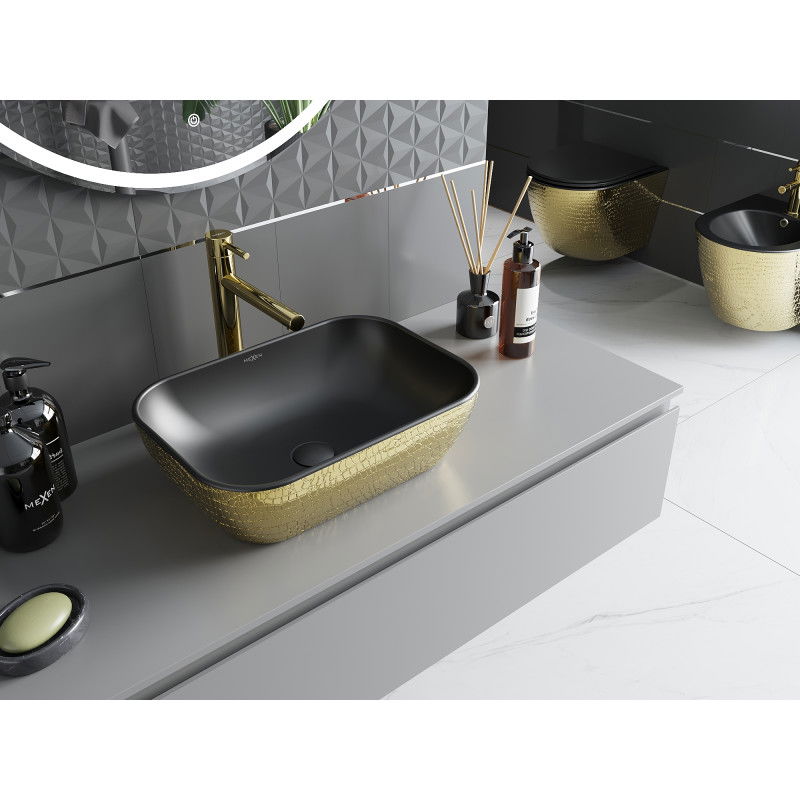 Mexen Rita stalviršinė kriauklė 45 x 32 cm, juoda matinė/auksinis žvynelių raštas - 21084578