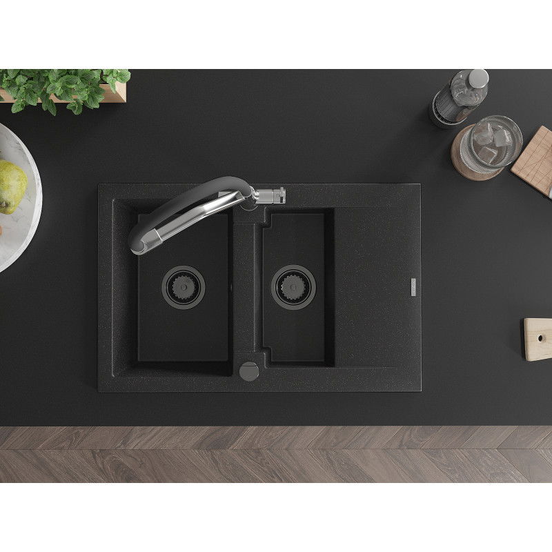 Mexen Gaspar granitinė 1,5 skylių plautuvė su nutekėjimu ir virtuviniu maišytuvu Duo, juoda/sidabrinė - 6507-73-671701-07-B