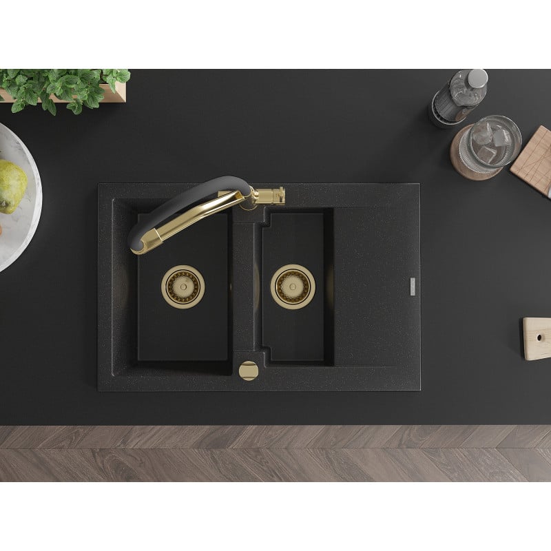 Mexen Gaspar granitinė 1,5 skylių plautuvė su nuvarvėjimo lentynėle ir virtuviniu maišytuvu Duo, juoda/sidabrinė