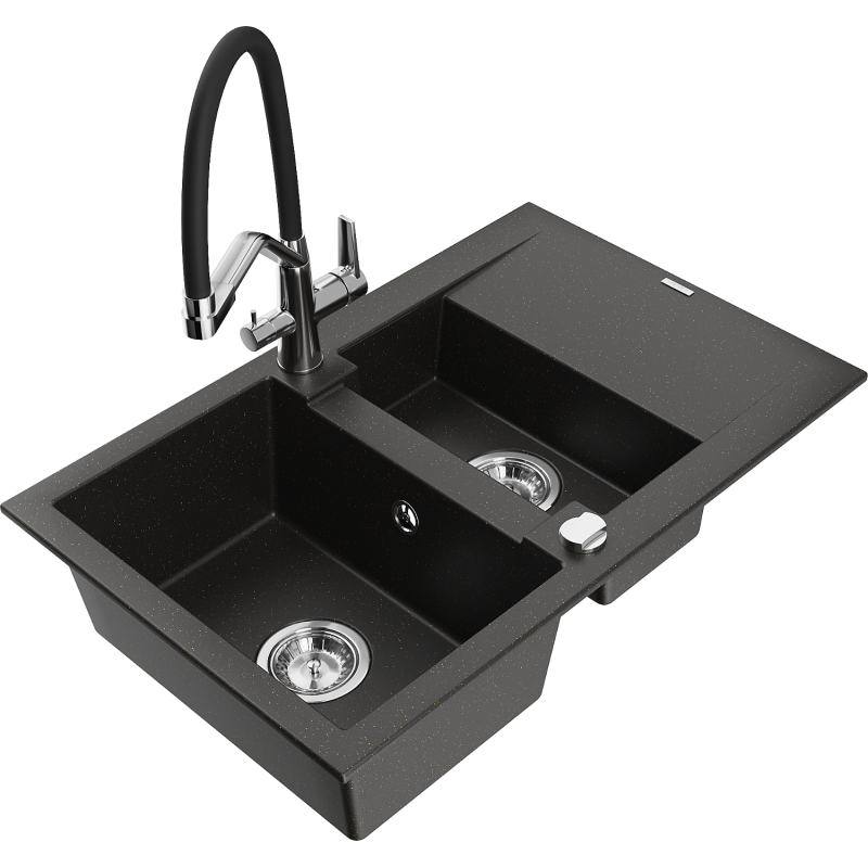 Mexen Gaspar granitinė 1,5 pagalbos plautuvė su lašeliu ir virtuviniu maišytuvu Duo, juoda/aukso metalikas