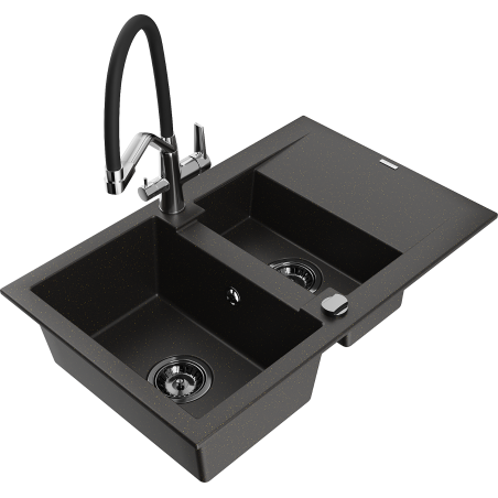 Mexen Gaspar 1,5 kamerų granitinė kriauklė su nusausintuvu ir Duo virtuviniu maišytuvu, juodas/auksinis metalo atspalvis