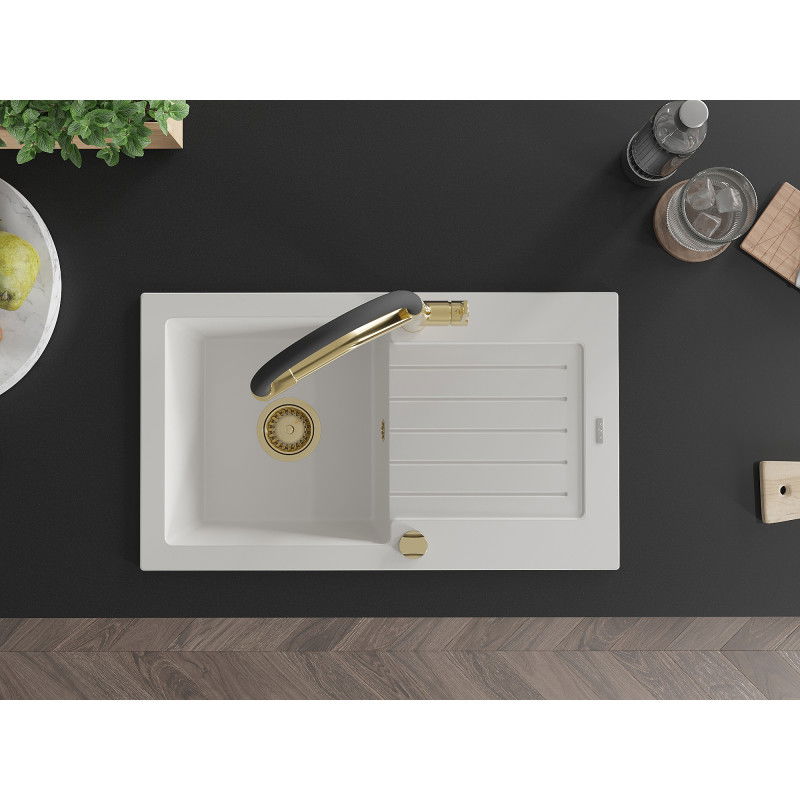 Mexen Pablo granito plautuvė 1 skyrius su nusausinimo lenta ir virtuvės maišytuvu Duo, balta - 6510-20-671701-57-G