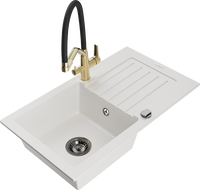 Mexen Pablo akmens masės 1-dubenėlių plautuvė su nuvarveju ir virtuviniu maišytuvu Duo, balta - 6510-20-671701-57-B