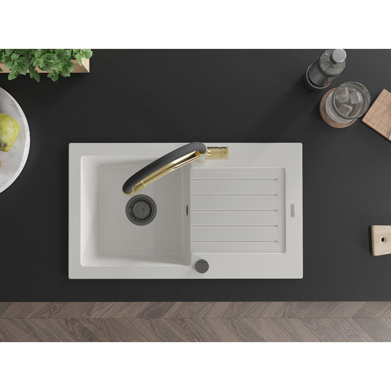 Mexen Pablo akmens masės 1-dubenėlių plautuvė su nuvarveju ir virtuviniu maišytuvu Duo, balta - 6510-20-671701-57-B