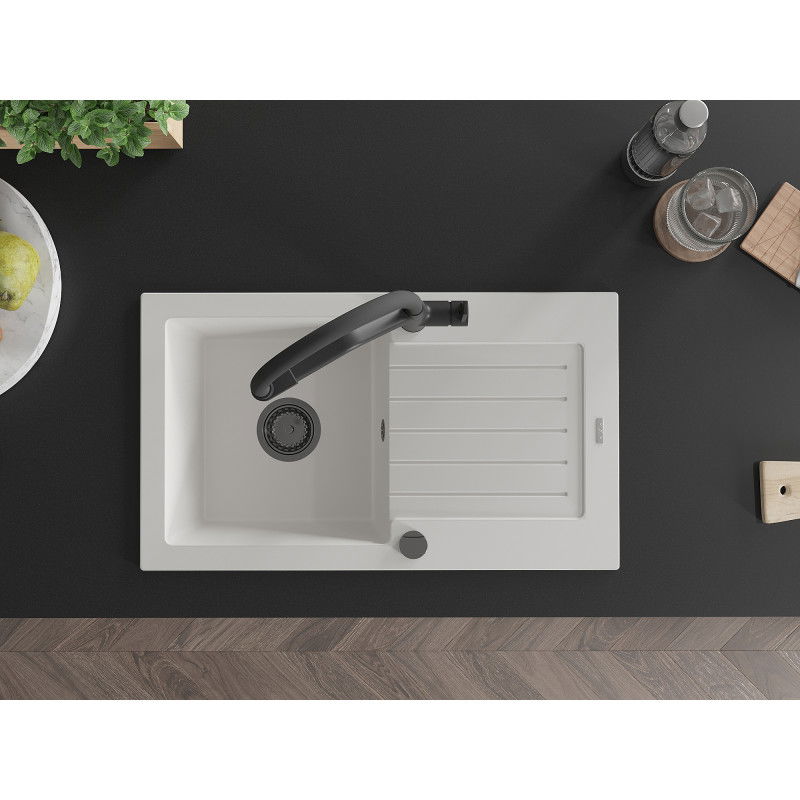 Mexen Pablo vienos kameros granitinė plautuvė su nuvarvėtuvo zona ir Duo virtuvės maišytuvu, balta - 6510-20-671701-70-B