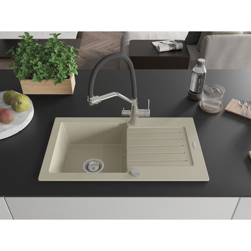Mexen Pablo granitinė vienos dubens plautuvė su nusausintoju ir Duo virtuviniu maišytuvu, smėlio spalvos - 6510-69-671701-07