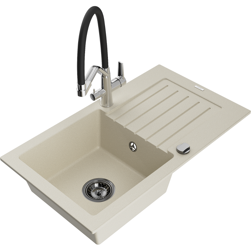 Mexen Pablo granito kriauklė vienos sekcijos su nuvarvėjimu ir virtuviniu maišytuvu Duo, smėlio spalvos - 6510-69-671701-07-B