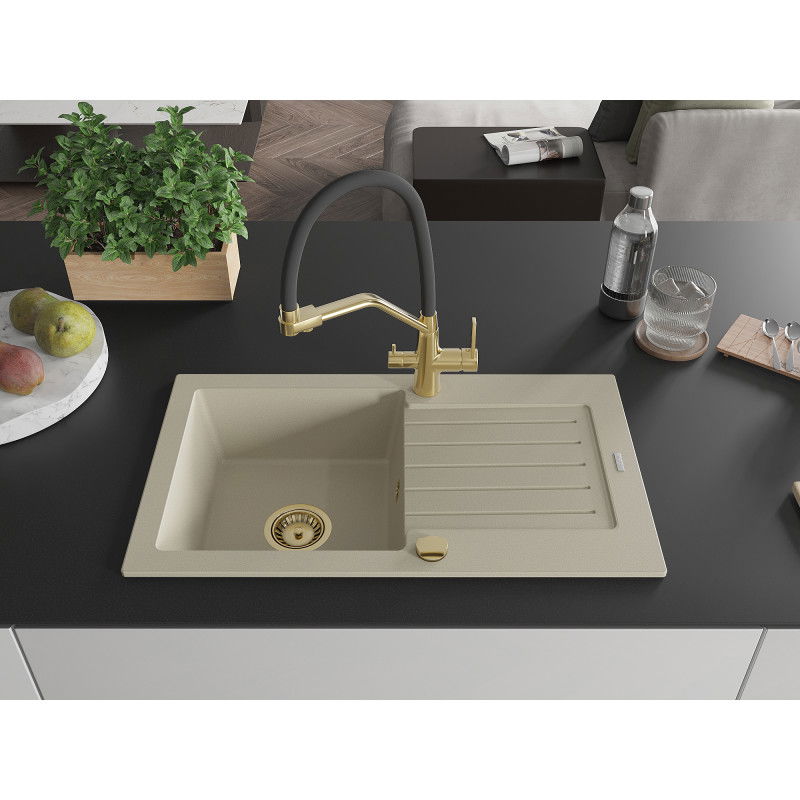 Mexen Pablo vienos kameros granito kriauklė su drenažu ir Duo virtuvės maišytuvu, smėlio spalvos - 6510-69-671701-57-G