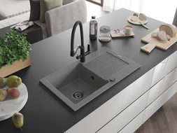 Mexen Pablo granitinis kriauklė 1-dubens su nutekėjimu ir virtuviniu maišytuvu Duo, pilka - 6510-71-671701-70-B