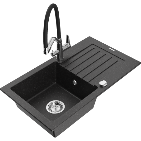 Mexen Pablo granitinė plautuvė su viena plautuve ir nutekėjimu bei Duo virtuviniu čiaupu, juoda/sidabrinio metalo spalva