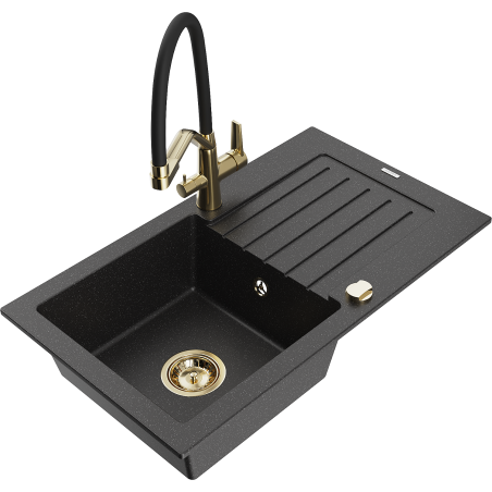 Mexen Pablo granitinė vienos kameros kriauklė su nusausintuvu ir virtuviniu čiaupu Duo, juodos/sidabrinės metalikos