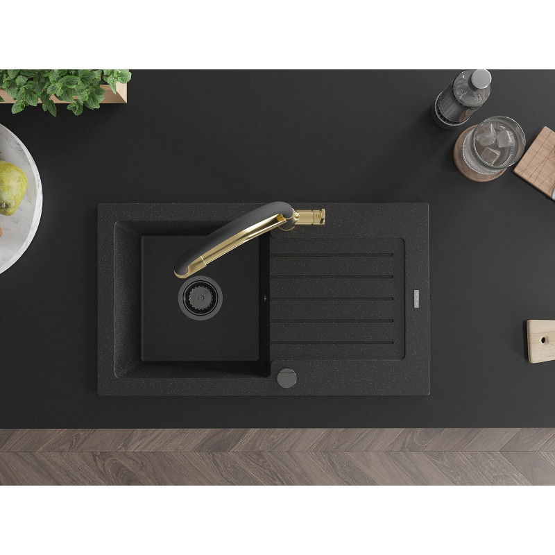 Mexen Pablo granitinė virtuvės kriauklė su 1 skyriumi ir nuvarvėjimo lentyna bei virtuviniu maišytuvu Duo, juoda/sidabrinė