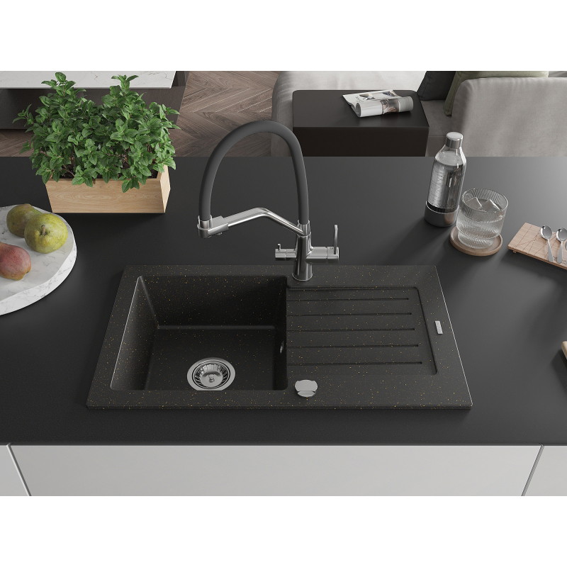 Mexen Pablo 1 skyriusio granitinė plautuvė su nuvarvėjimo padėklu ir virtuviniu maišytuvu Duo, juoda/auksinis metalikas