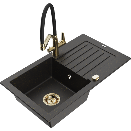 Mexen Pablo granitinė vienos kameros plautuvė su nusausinimo skyriumi ir virtuvės maišytuvu Duo, juoda/auksinė metalo