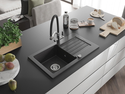 Mexen Pablo granitinė vienos dalies kriauklė su nusausintuvu ir virtuvės baterija Duo, juoda su dėmelėmis