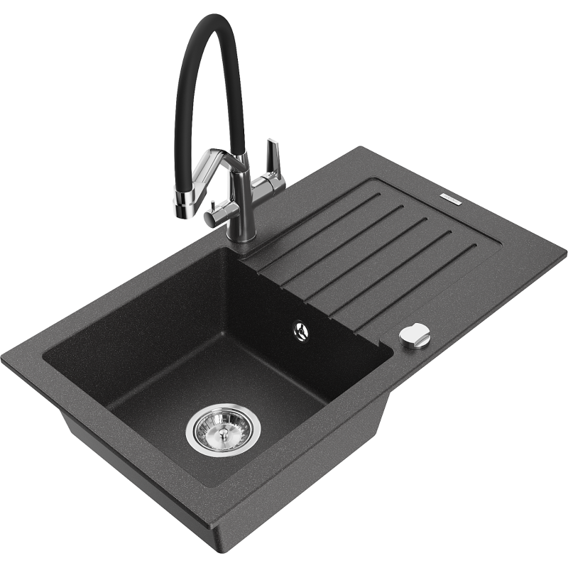 Mexen Pablo granitinė vienos dalies kriauklė su nusausintuvu ir virtuvės baterija Duo, juoda su dėmelėmis