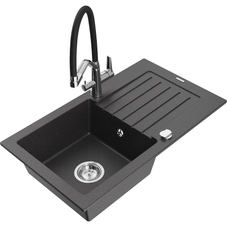Mexen Pablo granitinė vienos dalies kriauklė su nusausintuvu ir virtuvės baterija Duo, juoda su dėmelėmis