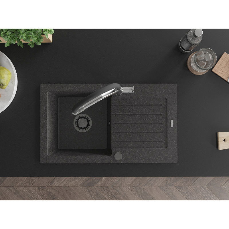 Mexen Pablo granito plautuvė su 1 kamera ir nutekėjimu bei virtuviniu maišytuvu Duo, juoda dėmėta - 6510-76-671701-07-B