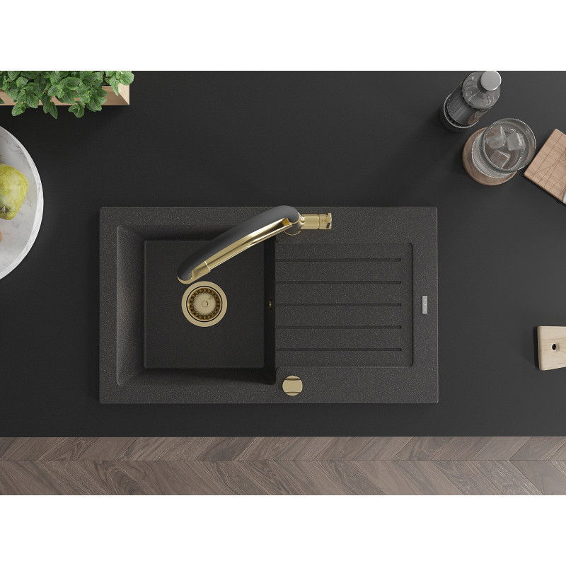 Mexen Pablo granitinis vienos kameros plautuvas su nutekamu ir virtuviniu maišytuvu Duo, juodas taškuotas - 6510-76-671701-57-G