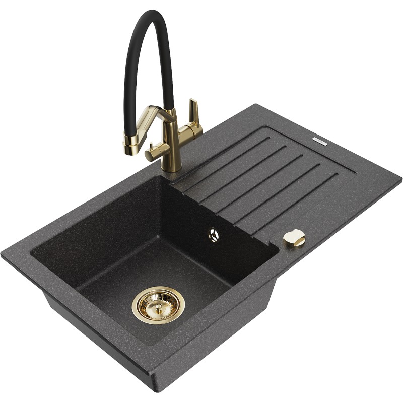 Mexen Pablo granitinis vienos kameros plautuvas su nutekamu ir virtuviniu maišytuvu Duo, juodas taškuotas - 6510-76-671701-57-G