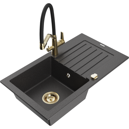 Mexen Pablo granitinis vienos kameros plautuvas su nutekamu ir virtuviniu maišytuvu Duo, juodas taškuotas - 6510-76-671701-57-G