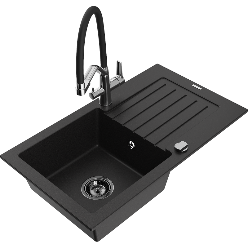 Mexen Pablo granito plautuvė 1 sekcijos su lašintuvu ir virtuviniu maišytuvu Duo, juodas - 6510-77-671701-07-B