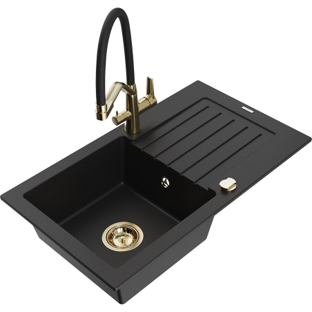 Mexen Pablo granitinė vienos kameros kriauklė su nusausintoju ir Duo virtuviniu maišytuvu, juoda - 6510-77-671701-57-G