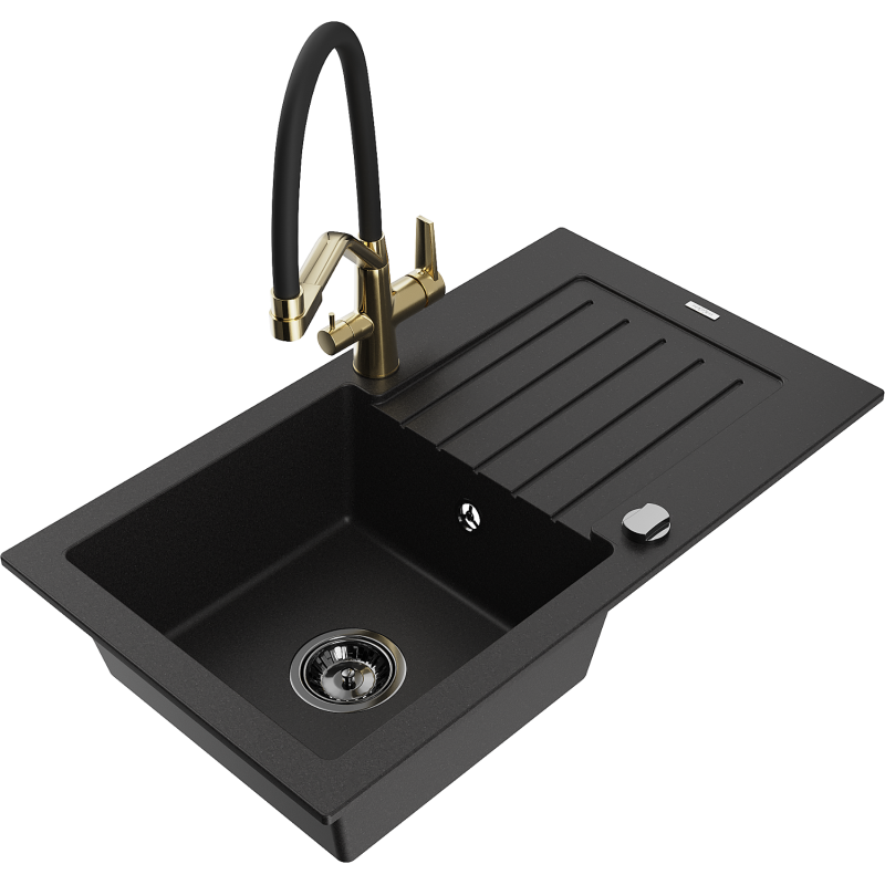 Mexen Pablo granitinis vienos plautuvės kriauklė su nusausintuvu ir virtuviniu maišytuvu Duo, juodas - 6510-77-671701-57-B