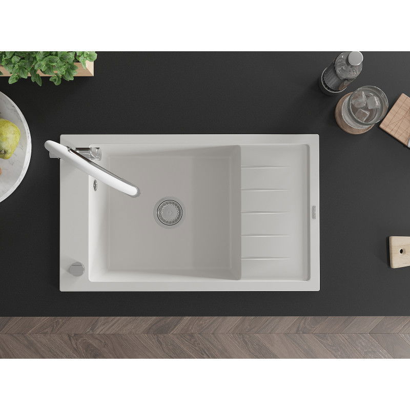Mexen Elias vienos kameros granitinė plautuvė su nusausinimo paviršiumi ir Duo virtuviniu maišytuvu, balta - 6511-20-671701-02