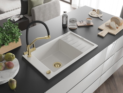 Mexen Elias vienos dalies granito plautuvė su nutekėjimu ir virtuviniu maišytuvu Duo, baltas - 6511-20-671701-57-G