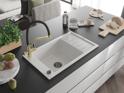 Mexen Elias vienos plautuvės granito kriauklė su nubėgimo vieta ir Duo virtuviniu maišytuvu, balta - 6511-20-671701-57-B