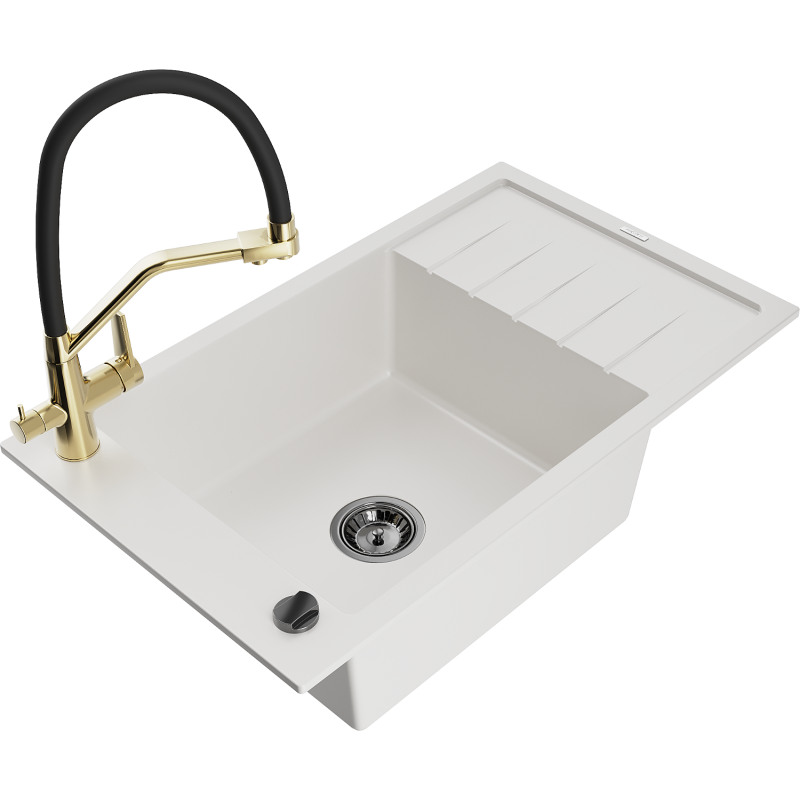 Mexen Elias vienos plautuvės granito kriauklė su nubėgimo vieta ir Duo virtuviniu maišytuvu, balta - 6511-20-671701-57-B