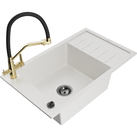 Mexen Elias vienos plautuvės granito kriauklė su nubėgimo vieta ir Duo virtuviniu maišytuvu, balta - 6511-20-671701-57-B