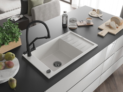 Mexen Elias vienos kameros granitinė plautuvė su lašinamuoju ir Duo virtuviniu maišytuvu, baltas - 6511-20-671701-70-B