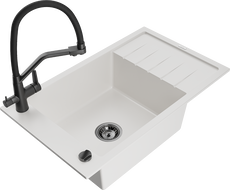 Mexen Elias vienos kameros granitinė plautuvė su lašinamuoju ir Duo virtuviniu maišytuvu, baltas - 6511-20-671701-70-B