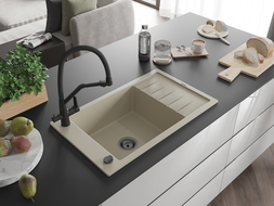 Mexen Elias granito kriauklė 1 skyrelio su drenažu ir virtuviniu maišytuvu Duo, smėlinis - 6511-69-671701-70-B