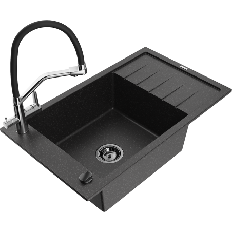 Mexen Elias 1-dubens granitinė kriauklė su lašinuku ir virtuvės maišytuvu Duo, juoda/sidabrinė metalo spalva