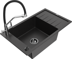 Mexen Elias 1-dubens granitinė kriauklė su lašinuku ir virtuvės maišytuvu Duo, juoda/sidabrinė metalo spalva