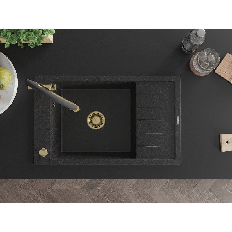 Mexen Elias granitinė vienos plautuvės kriauklė su nusausintuvu ir virtuviniu maišytuvu Duo, juodas/sidabrinis metalikas